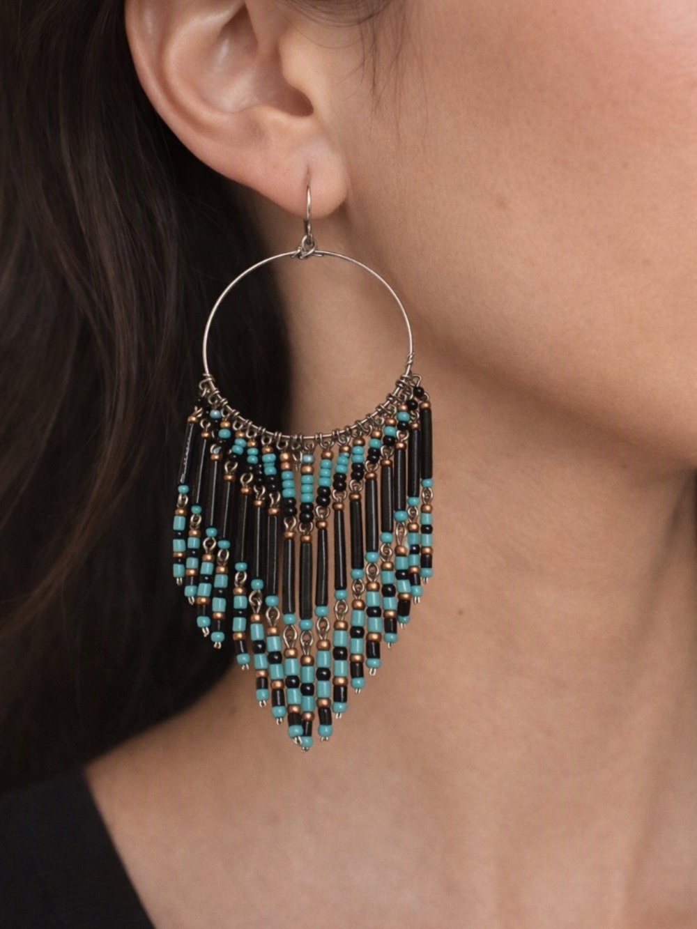 Boho Fringe Hoop Earrings in Turquoise & Black pierced 3”